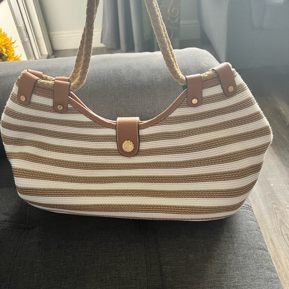 Eric Javits Brown and White Striped Woven Shoulder Bag
